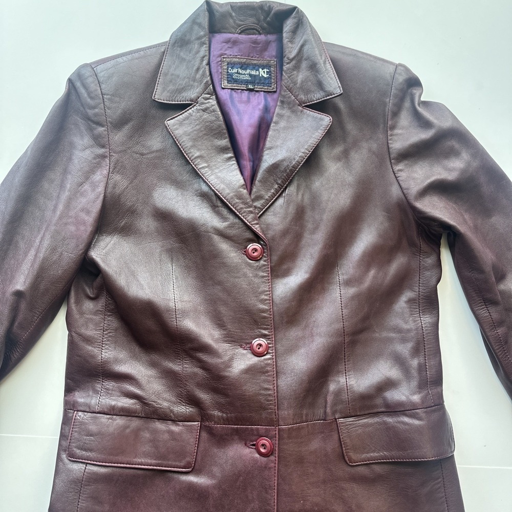 Cuir Nouhaila Genuine Leather Trench Coat Burgundy Plum Women XL Mid Length Top